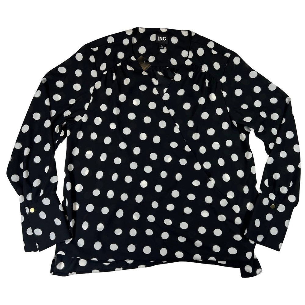 INC International Concepts Polka Dot Wrap Blouse Womens Large Black White NWT
